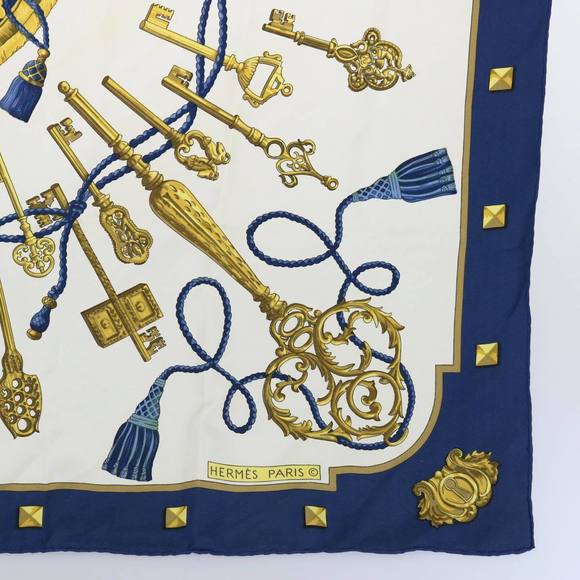 HERMES Carre 90 LES CLES Scarf Silk Navy Auth ki3742 - Picture 10 of 14